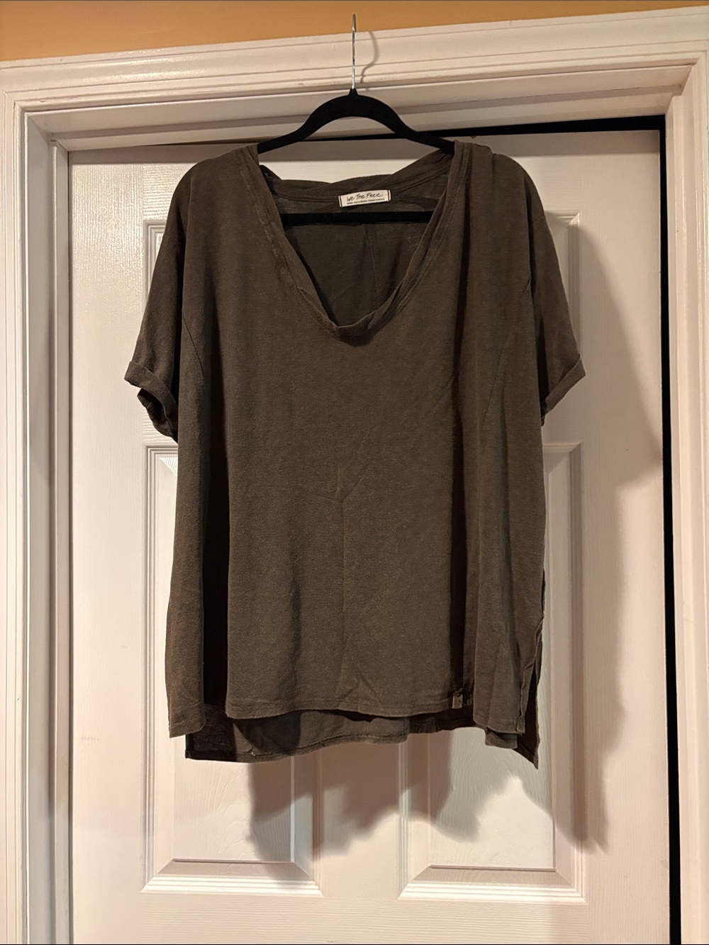 Free People Brown Green V-Neck Boxy Short Sleeve Tee
